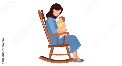 Woman in rocking chair cradles baby creating a tender and intimate moment