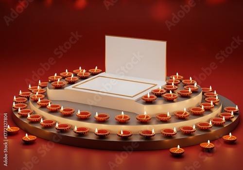 Diwali diya decorations podium for product display stunning in the deep red background. 