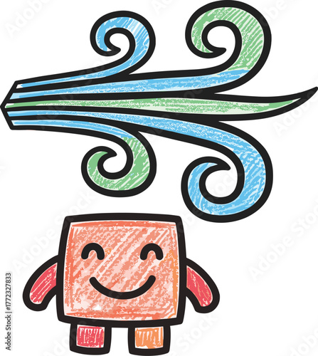 Whimsical Wind Blowing on Happy Square Character Illustration: Playful cartoon drawing featuring a smiling orange block figure enjoying a colorful gust of wind outdoors, ideal for children's education