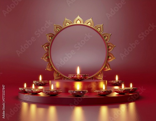 Diwali diya decorations podium for product display stunning in the deep red background. 