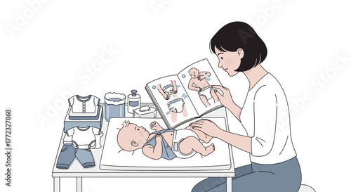 Woman reading a diaper instruction book while changing her baby on a changing table with baby supplies and clothes nearby