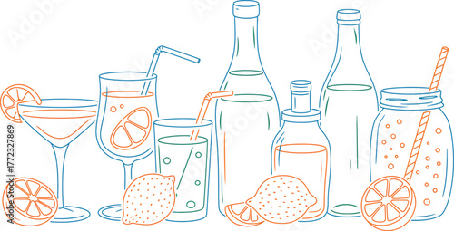 Collection of drinks in glasses and bottles with citrus fruits