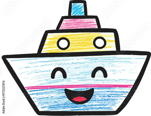 Happy Cartoon Boat Floating on Paper: Cheerful Vessel Illustration for Children's Education, Nautical Themed Art, Creative Expression, Colorful Drawing Style, Joyful Design, Marine Transport, Playful