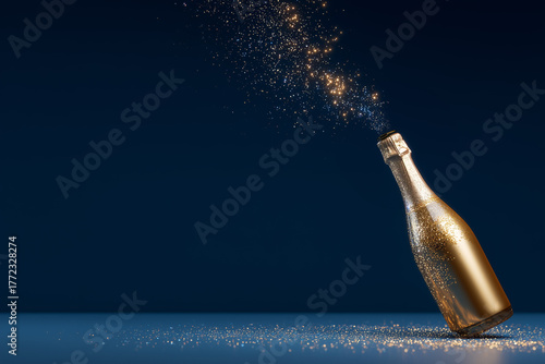 A golden bottle of champagne on the blue background. New Year's background with champagne.