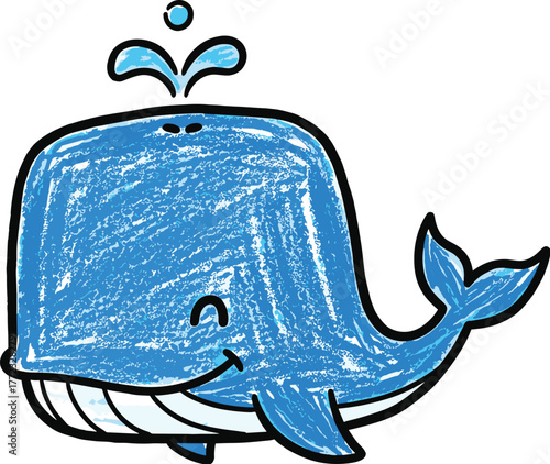 Cute Blue Whale Swimming Happily: Playful Sea Creature Cartoon Drawing in Ocean Waters, Illustration for Children's Education, Marine Wildlife Preservation, Aquatic Life Designs, Joyful Character for