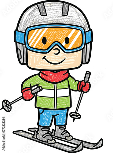 Cartoon Skier Enjoying Winter Sports Activity on Snowy Slopes, A Child's Drawing of Snow Fun, Skiing Adventure, Holiday, Kids, Illustration, Graphic Design Project, Education, Leisure, Recreation, Hap
