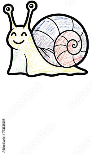 Cheerful Snail Crawling on White Background in Cartoon Illustration Style for Children's Education and Print Materials, Perfect for Learning About Nature,  Animals, Wildlife, and Mollusks, Ideal for P