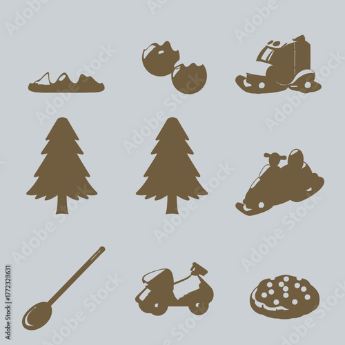 Diverse Silhouette Icon Set: Nature, Food, Winter, & Recreation Elements including Mountains, Trees, Eggs, Snowmobile, Spoon