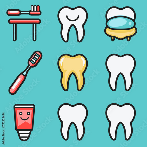 Cartoon dental care icons set: healthy and decayed teeth, toothbrush, toothpaste. Oral hygiene and dentistry elements collection.