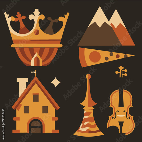 Stylized graphic icon set with crown, majestic mountains, traditional house, classical violin and trumpet on a dark background