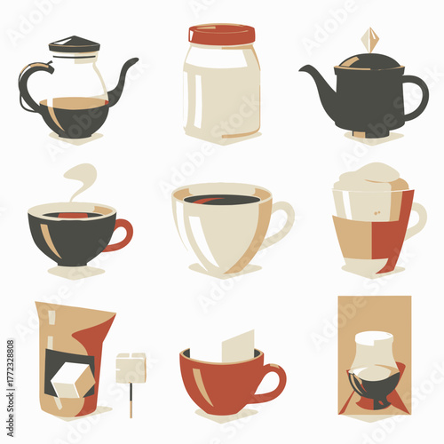 Coffee and Tea Beverage Essentials Illustration Set. Graphic collection of cups, teapots, sugar, and cream. Hot & cold drinks.