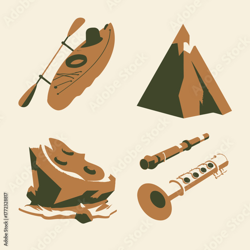 Diverse flat design icons set: kayak, mountain, cheese, and musical instruments. Outdoor adventure, food, travel, and hobby concept illustration.