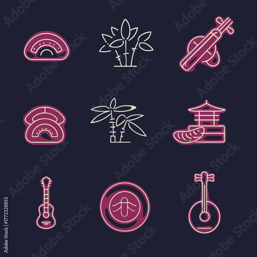 Asian Culture Neon Line Art Icon Set. Traditional Japanese & Chinese Food, Music Instruments, Bamboo, and Pagoda Symbols on Dark Background.