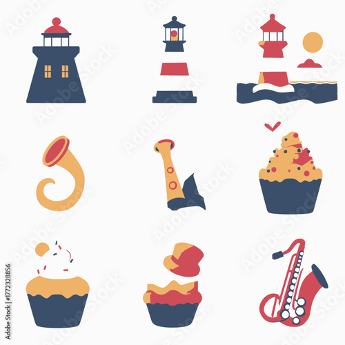 Colorful flat design vector illustrations featuring lighthouses, stylized brass instruments, and sweet cupcakes with sprinkles.
