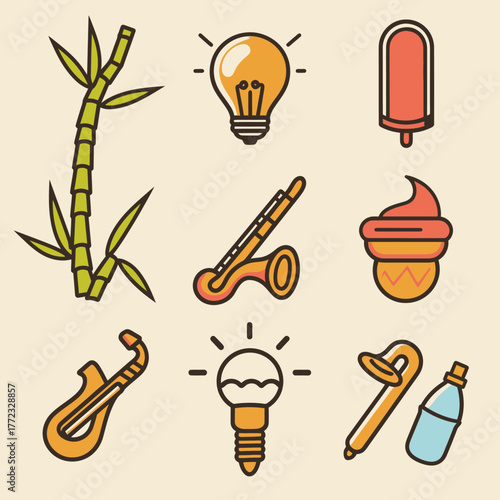 Flat design vector icon set: sugarcane, bright ideas, musical instruments, ice cream, popsicle, and water bottle elements.