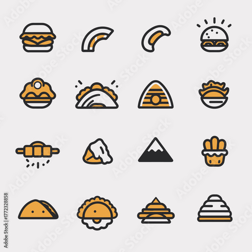 Set of minimalist line art food icons. Collection of fast food, snacks, and restaurant menu items with black outlines and orange fill.
