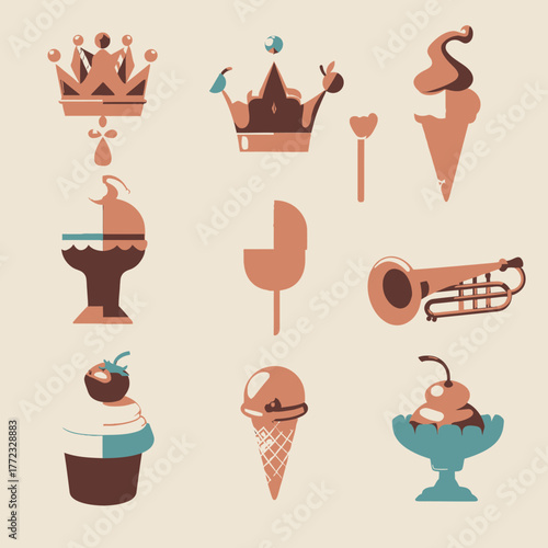 Vintage inspired flat design icon set with crowns, ice cream sundaes, cone, cupcake, and trumpet. Sweet treats and regal symbols.