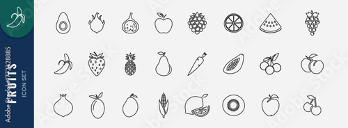 Fruit icon set. Vector icon of apple, banana, strawberry, pineapple, watermelon, mango, grapes. Line art fruit icon set for health and nutrition themes.