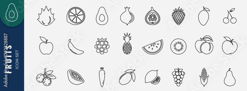 Fruit icon set. Vector icon of apple, banana, strawberry, pineapple, watermelon, mango, grapes. Icon set for health and nutrition themes.