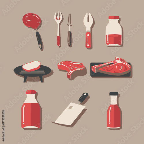 Various flat design vector illustrations of fresh raw meat cuts, essential butchery tools, and cooking sauces.