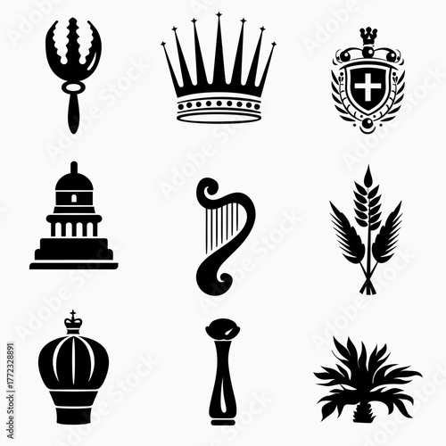 Vector icon set featuring royal crowns, heraldic emblem, classical architecture, musical instrument, wheat, rattle, pedestal, and ornamental plant.