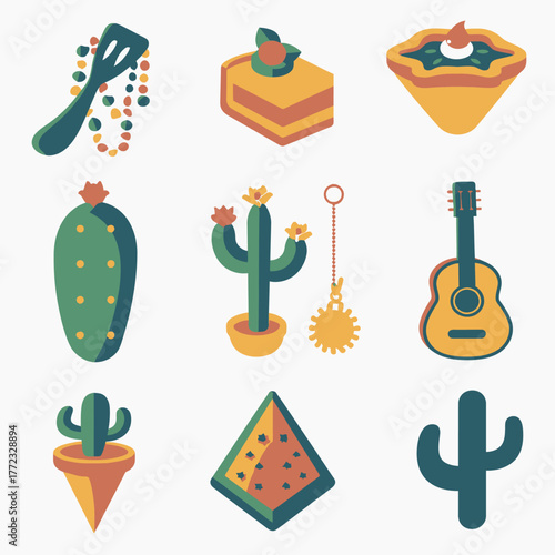 Vibrant Mexican Fiesta and Desert Culture Flat Icon Set with Cacti, Guitar, Desserts, and Party Elements for Celebration Designs