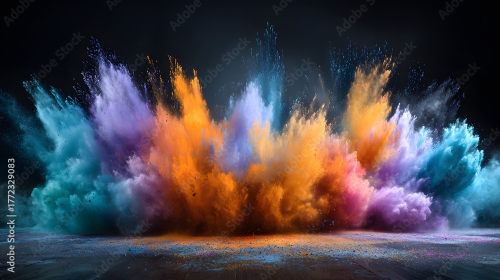 Obraz premium Vivid plumes of colored powder erupt dramatically against a dark background