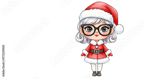 Cute chibi mrs claus wearing glasses and a santa hat, isolated on transparent background