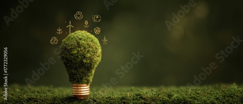 Moss covered lightbulb with floating eco icons symbolizing recycling renewable energy and emission reduction for environmental sustainability innovation and green technology awareness campaigns