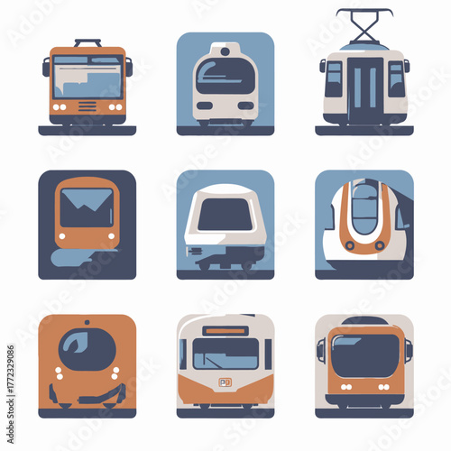 Urban Public Transport Vehicles Icon Set. Modern flat design vector illustration featuring various trains, trams, metro, and buses for city travel.