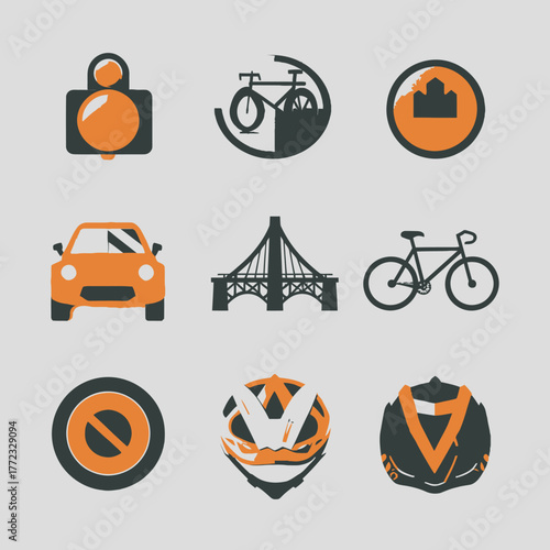 Urban transport and cycling safety vector icon set in flat design. City traffic, bike paths, car, bridge, helmet, and road signs.