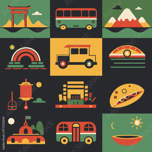 Flat Design Travel and Culture Icons Set. Minimalist Vector Art of World Architecture, Transport, Food, and Nature Elements