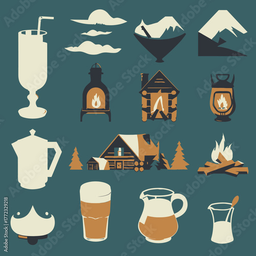 Cozy cabin life vector icon set with rustic mountain retreat elements, drinks, fireplace, and campfire for winter comfort design
