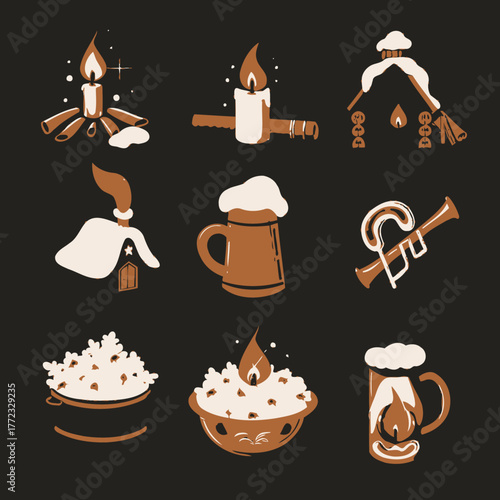 Cozy winter icons set with candles, popcorn, and warm drinks. Rustic illustrations of festive season comfort and hygge style.