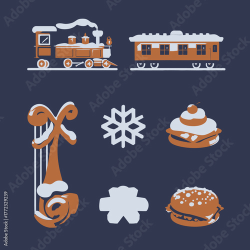 Holiday Winter Icons Set: Steam train, railcar, snowflakes, sweet treats, and musical instrument illustration