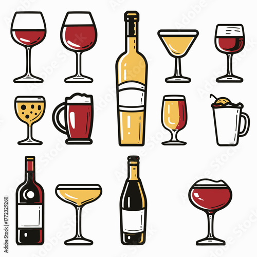 Set of diverse alcoholic beverages in various glass types and bottles, including wine, beer, and cocktails. Flat vector illustration.