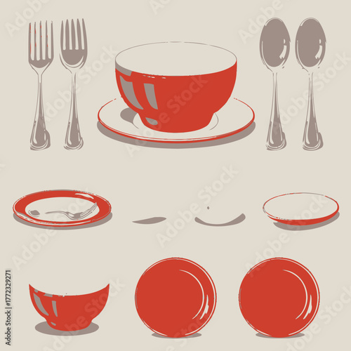 Stylized vector illustration of a complete set of red and white dining ware, including plates, bowls, forks, and spoons, on a light background.
