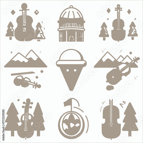 Diverse Flat Design Icon Set: String instruments, mountains, domed building, ice cream, and travel vector graphics collection.