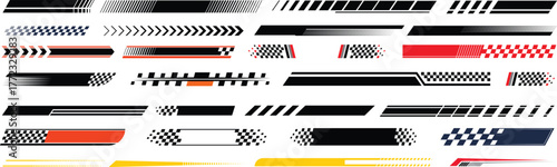 Racing cars and race car stripes set. Checkered flag, motocross labels, dynamic lines, motorsport, racing stripe speed, sport decals, tuning stickers.Hood rally racing stripes icon vector set.