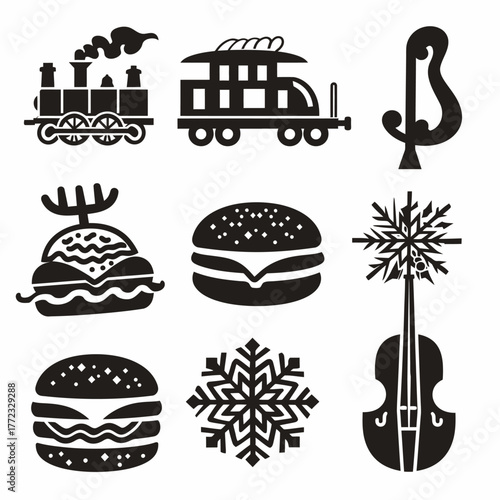 Vector Icon Set of Diverse Black Silhouettes: Steam Train, Modern Locomotive, Cheeseburger, Violin, Snowflakes, and Decorative Elements for Design