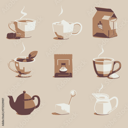 Stylized vector illustrations of hot coffee and tea beverages, steaming cups, teapots, sugar, and creamer. Flat design icon collection.