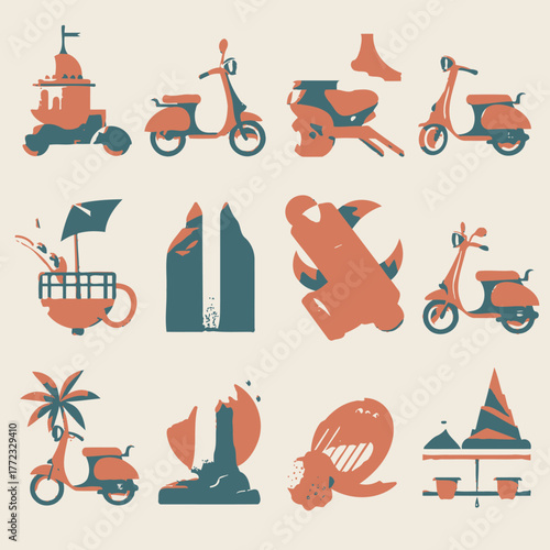 Collection of minimalist flat design illustrations featuring vintage-style scooters, travel, architecture, and abstract concepts in two colors.