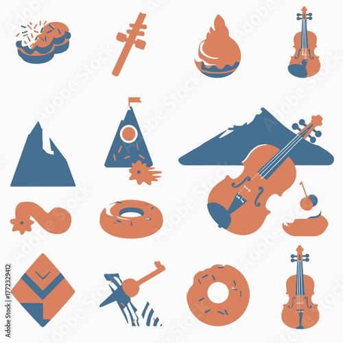 Assorted flat vector icon set with food, musical instruments, mountains, and abstract shapes in a modern two-tone graphic style.