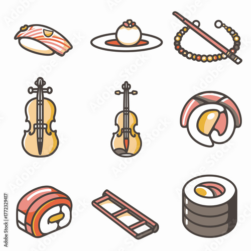 Collection of diverse vector icons: sushi, violin, film strip, and hair stick. Flat design food, music, and media graphic elements isolated.