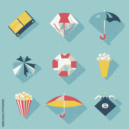 Summer Vacation Flat Design Icons Set. Beach Holiday Leisure Elements. Graphic vector collection with umbrella, kite, lifebuoy, popcorn.