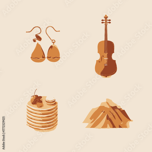 Vector icons set: artistic violin, elegant earrings, delicious maple pancakes, and rustic wood pile. Flat design illustration.