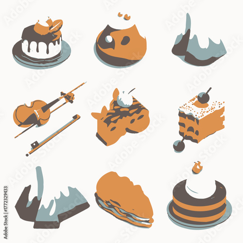 Collection of stylized dessert illustrations, featuring various cakes and pastries in a modern flat design. Sweet treats concept.