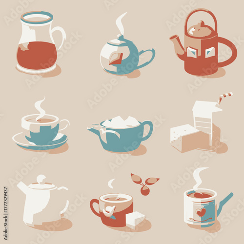 Cozy Tea and Coffee Vector Illustrations. Hot Drinks Collection with Teacups, Teapots, and Pitchers. Beverage Icons.