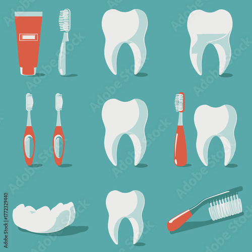 Dental Hygiene and Oral Care Vector Icons Set with Toothpaste, Toothbrushes, and Healthy Teeth Illustrations