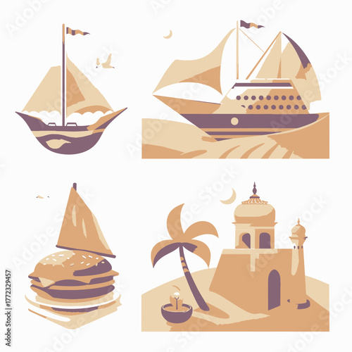 Flat vector illustration set: diverse travel and food concepts including sailing boats, cruise ships, a surreal burger with a sail, and a desert oasis with exotic architecture.